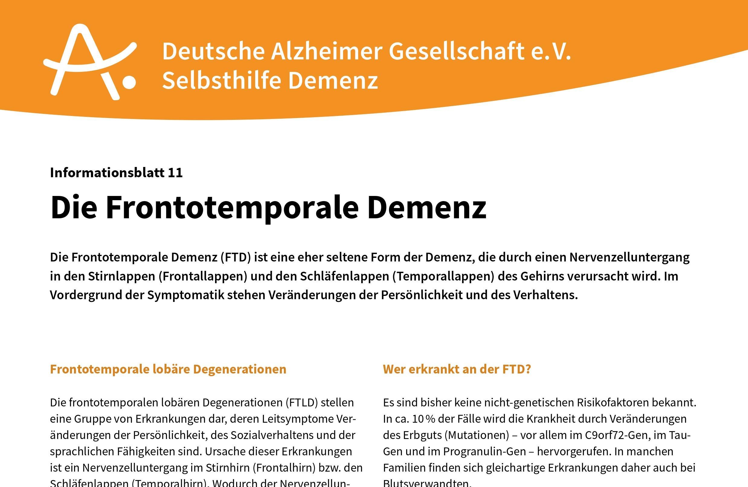Informationblatt zum Thema Frontotemporale Demenz