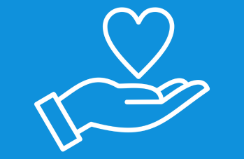 Weiße Umrandungen vor blauem Hintergrund einer geöffneten Hand auf der ein Herz liegt