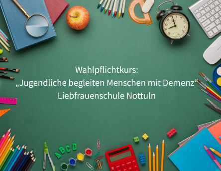 Grüner Hintergrund, einer Tafel ähnlich, am Rand liegt Schulmaterial