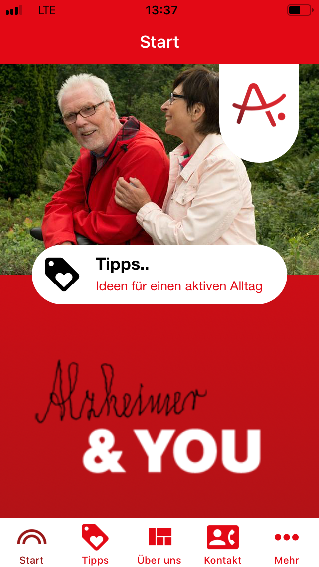Bild von der Startseite der App „Alzheimer & YOU - den Alltag aktiv gestalten“