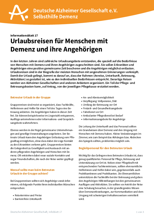 Cover: Infoblatt 17 "Urlaubsreisen für Menschen mit Demenz und ihre Angehörigen"