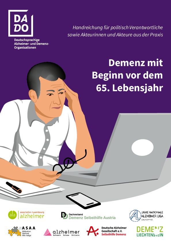 Broschürencover: Mann sitzt sorgenvoll am Laptop (Comic-Stil)