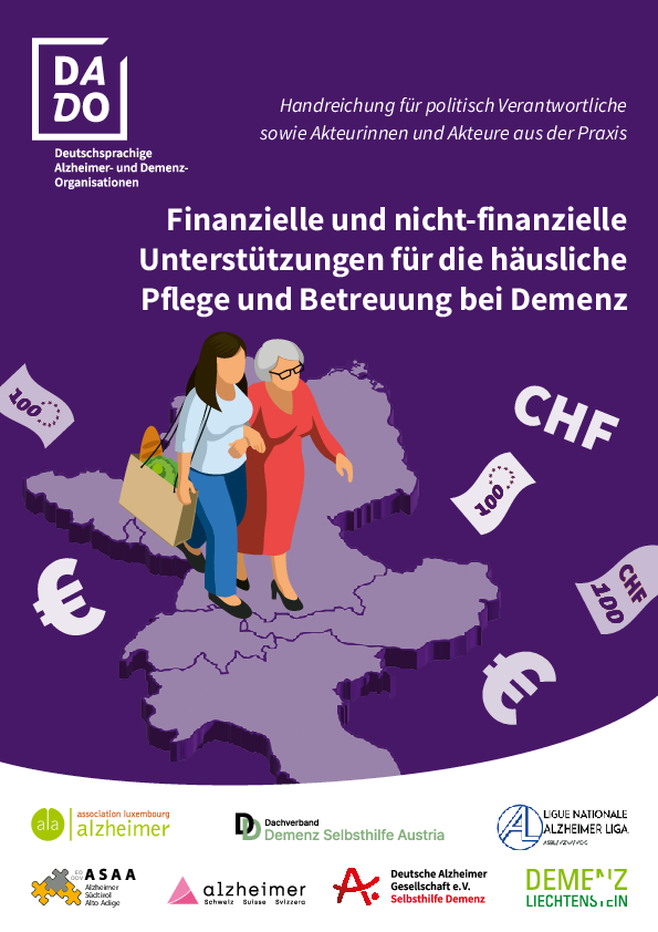 Broschürencover: junge und ältere Frau auf dem Heimweg vom Einkaufen (Comic-Stil)