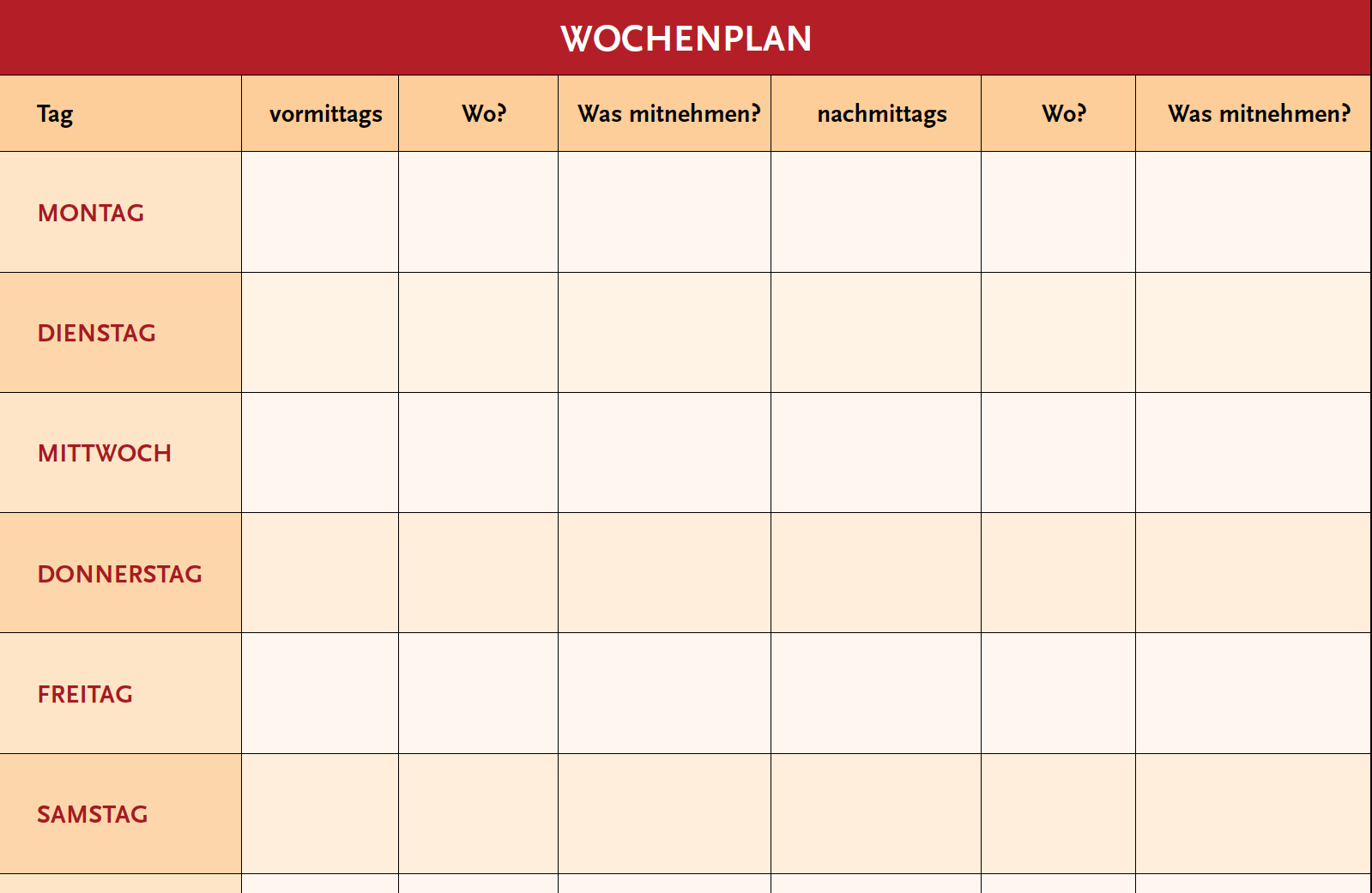 Ein Wochenplan mit mehreren Spalten für jeden Tag