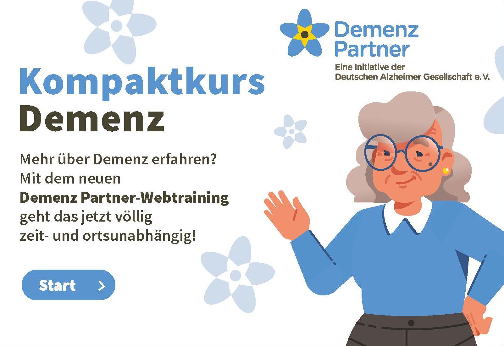 Infos zum Kompaktkurs Demenz und winkende ältere Dame (Comicstyle)