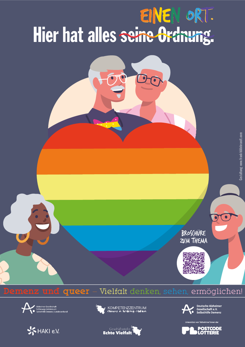 Plakat mit Regenbogenherz: Demenz und queere Vielfalt im Alter